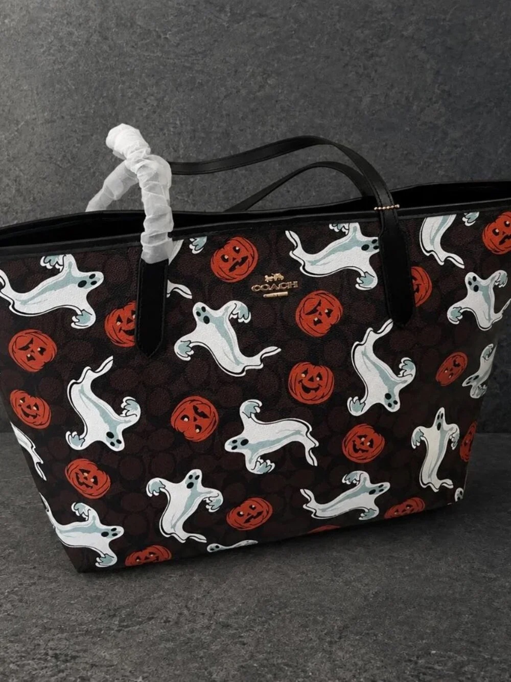 Coach Brown Tote with White Ghosts and Orange Pumpkins